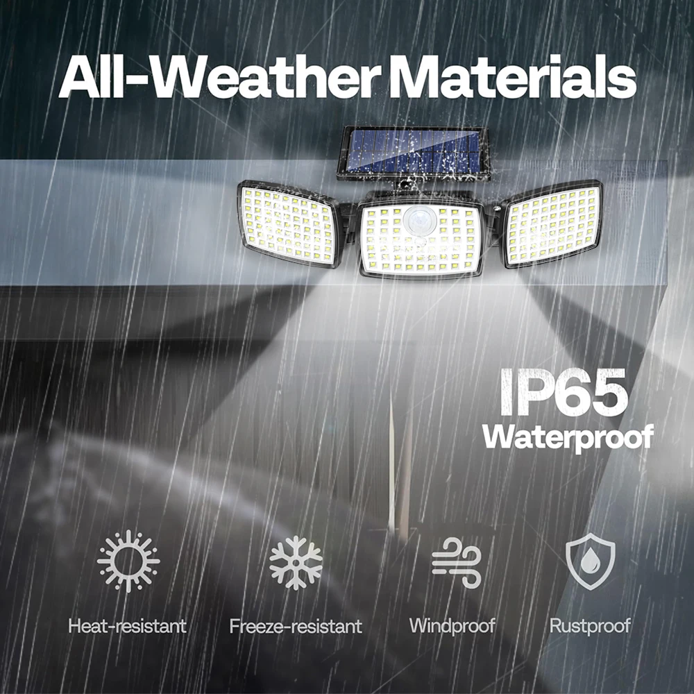 179 LED-Solarleuchten, Außensensor, 3 Köpfe, solarbetriebene Flutlichter, IP65, wasserdichte Sicherheitsleuchten, PIR-Bewegung für den Garten