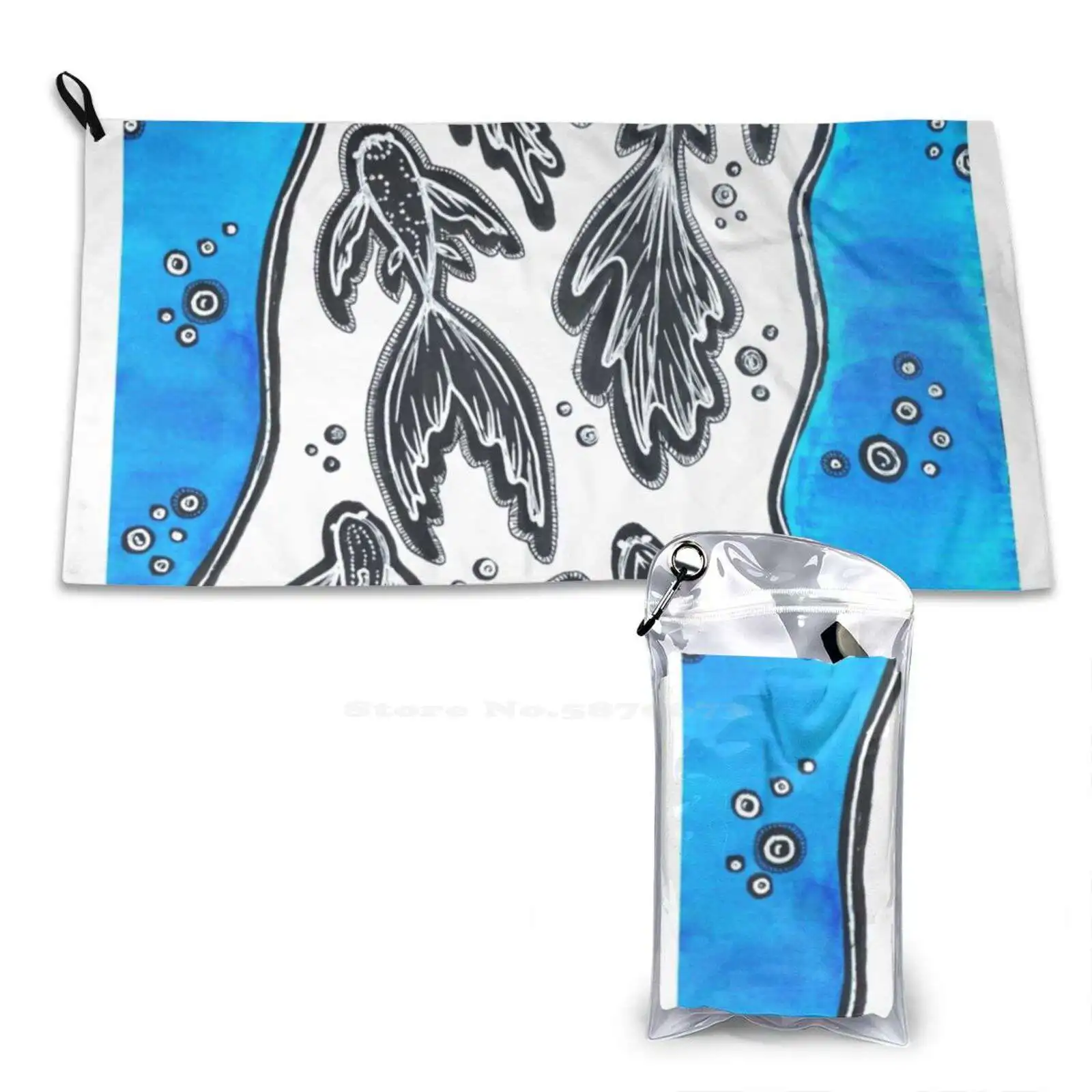 Koi Fish Swimming In River Soft Towel Quick Dry Beach Towel Koifish River Stream Blackandwhite Bw Blue Aquatic Ocean Swimming