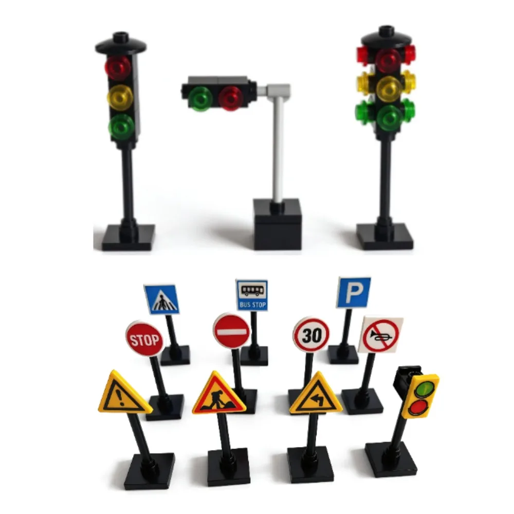 MOC Small Pellet Educational Building Blocks City Traffic Lights Road Signs Speed Limit Warning Signs Assembly Parts Toy & Gift