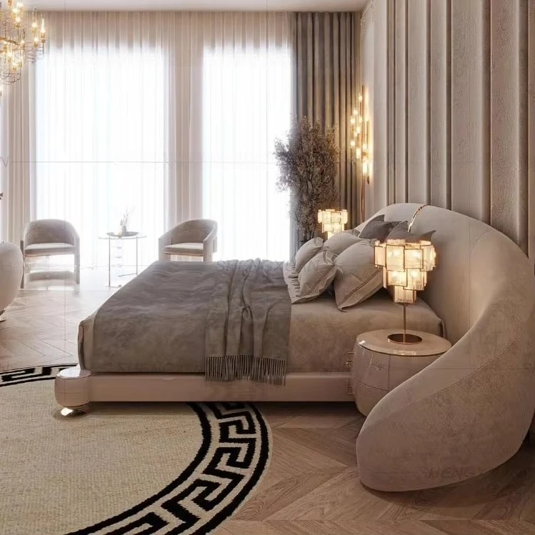Top Size Bed Mattress Set Italian Design Luxury Headboard Bookcase and Stainless Steel Base Soft Fabric Bed