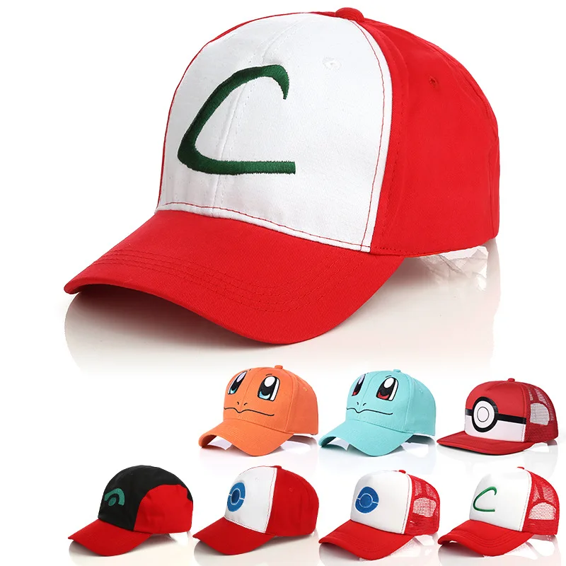 

10pcs/lot Pokemon Anime Ash Ketchum Cap Halloween Costumes Unisex Adult Tranier Cosplay Hats Embroidery Snapback Curved