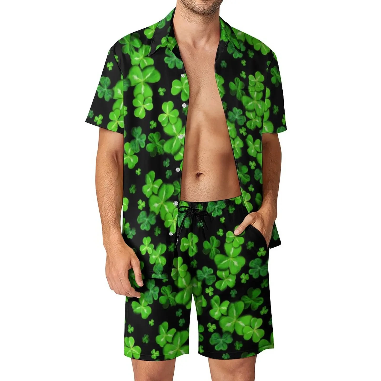 St Paddys Day Green Shamrock Shirt Sets 3D Print Men Casual Fashion Short Sleeves Shirts Oversized Hawaiian Beach Suits Clothing