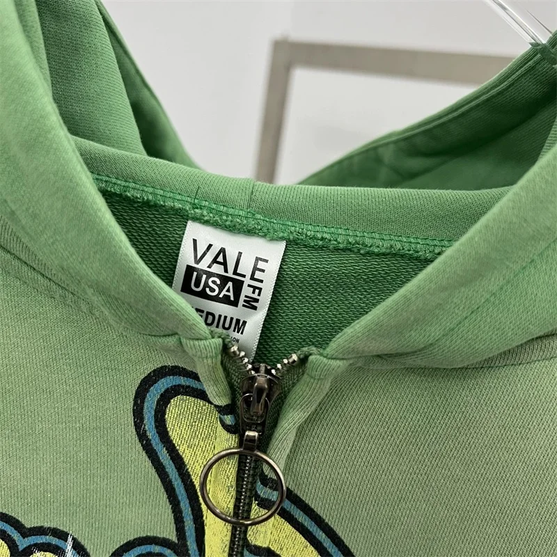 سترات بسحاب مطبوعة برسوم كارتونية من Green Washed VALLEY للرجال والنساء من القطن الخالص بغطاء للرأس كبير الحجم أمريكي عتيق