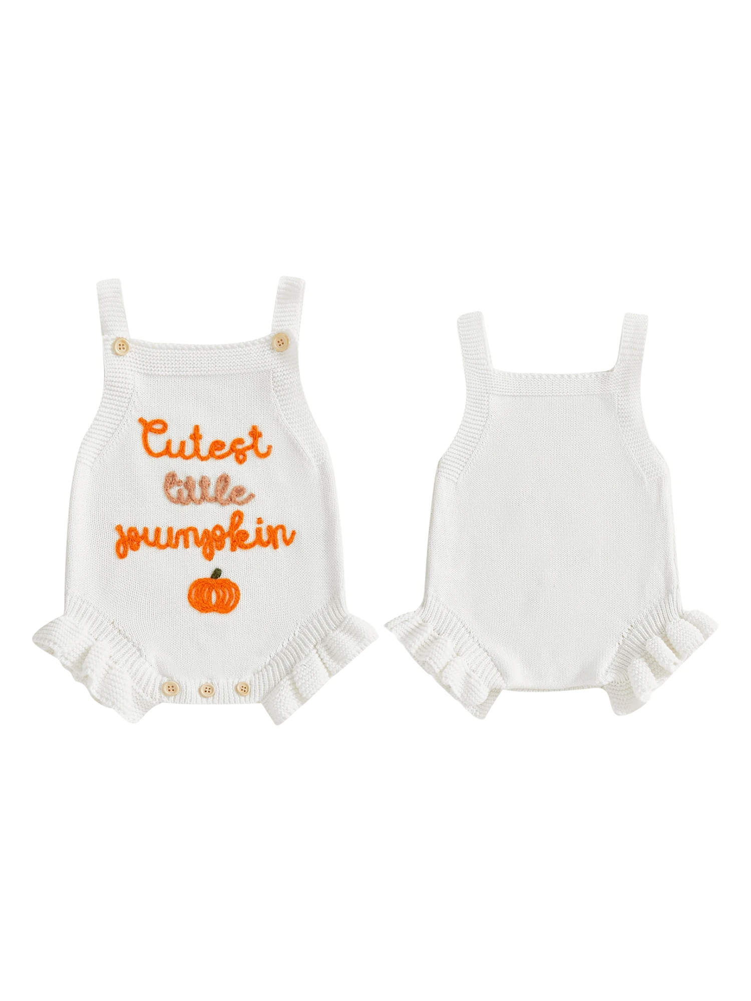 

Infant Girl Sleeveless Knit Romper with Square Neckline and Pumpkin Embroidery Detail Newborn Overalls Bodysuit