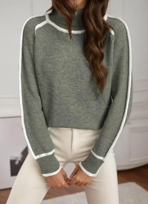 Suéter versátil informal suelto bloqueado de Color de cuello alto de invierno para mujer, suéter de punto suelto informal y de moda