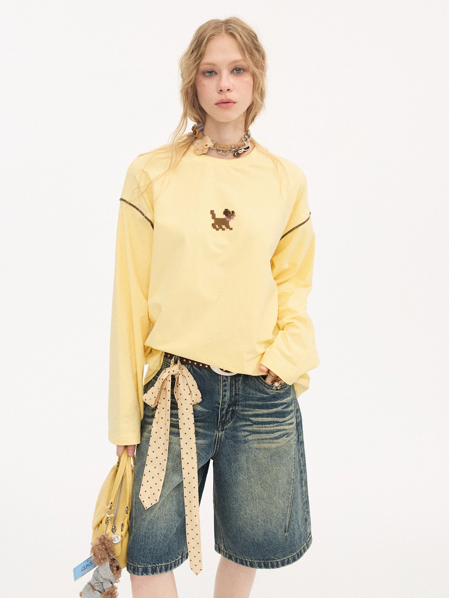 DIDDI MODA Cute Cartoon Embroidered Long Sleeve Loose Fit round Neck T-Shirt for Women Summer 2026 Animal Pattern