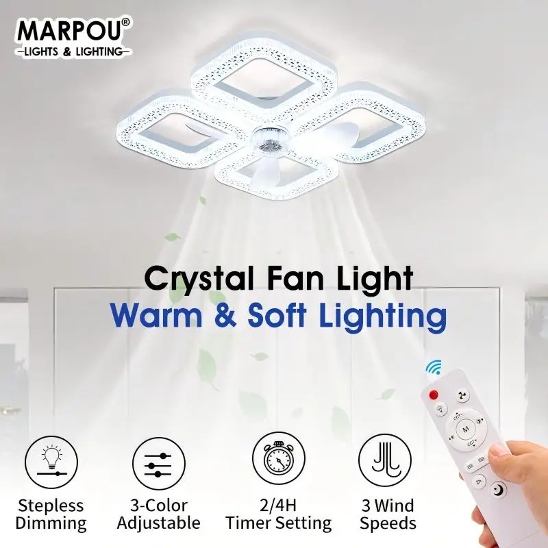 LED Imitation Crystal Fan Lamp Remote Control Dimmable Modern Quiet Ceiling Fan Light 3 Speeds Bedroom Home Decor Chandelier