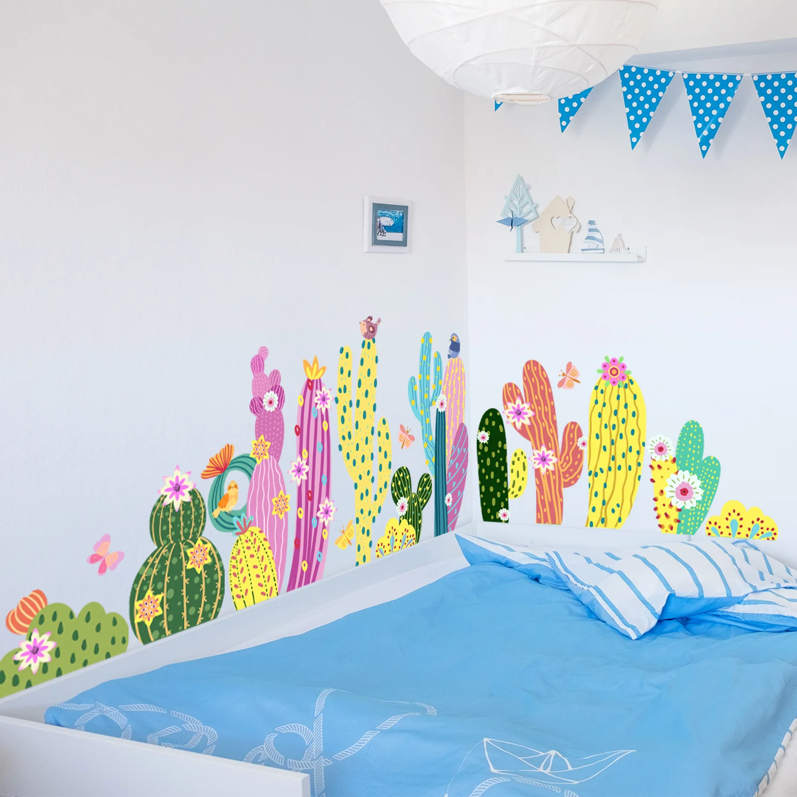 Removable Cacti Wall Stickers Colorful Boho Design for Childrens Room Playroom Living Room 60x180cm Total Size