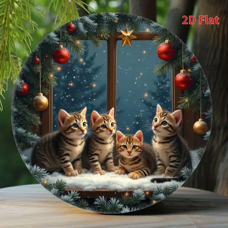 Festive Christmas Cat Round Metal Sign - Vibrant & Tranquil Decor for Living Room, Cat Decor, Perfect for Room Decor