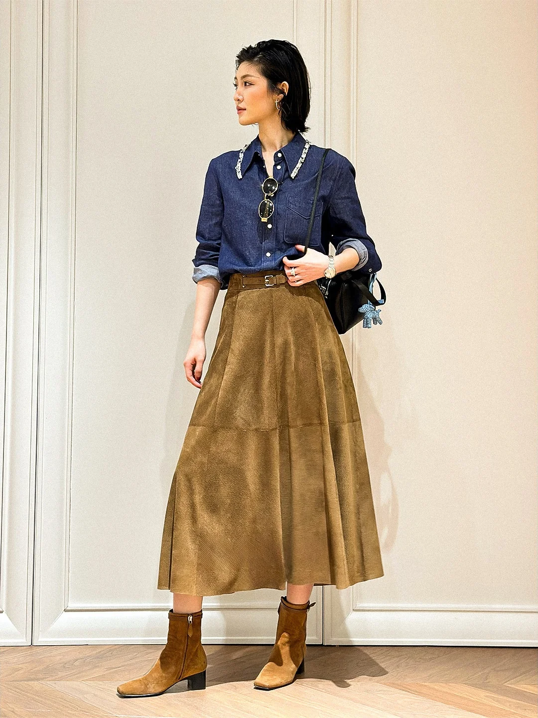 

Ele Casual Denim irt Pearl Embellied Collar Turn-down Collar Long Sve Women's Skin-friendly Breathable irt