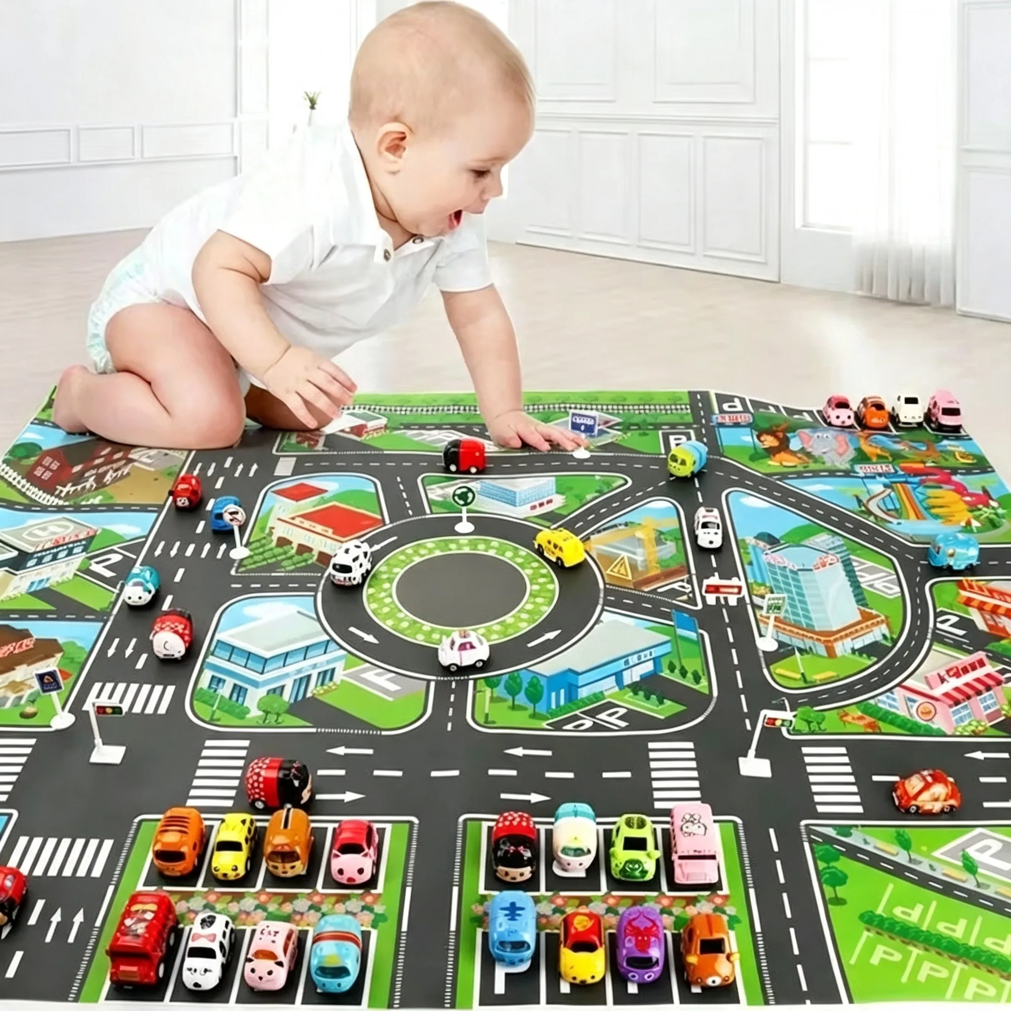 Alfombra con mapa de carretera de 130x100CM para niños, estacionamiento, hoja de ruta de 83x58CM, mapa de tráfico urbano de carretera, juguete educativo para niños y niñas, juegos para gatear