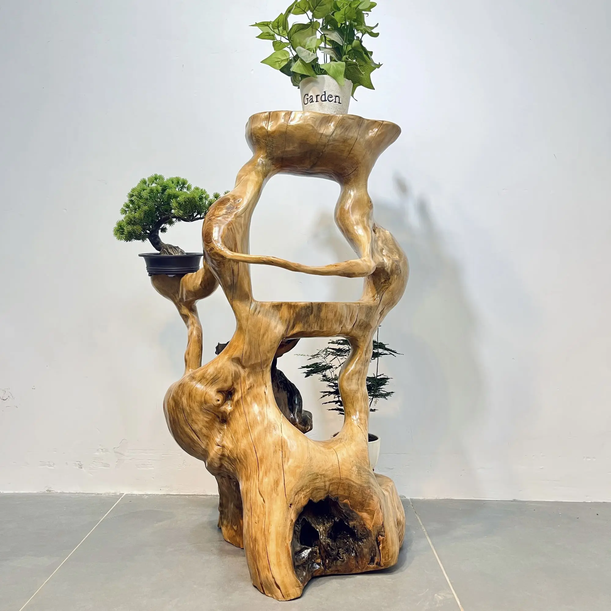Natural root carving flower stand Log random multi-layer bonsai stand Living room balcony art solid wood shelf ornament
