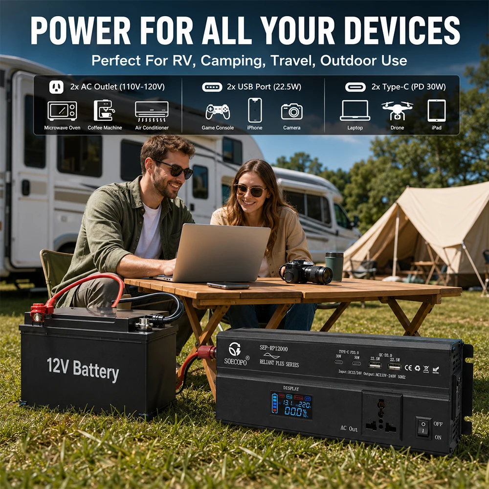 High Conversion 12000W Peak Power Inverter DC12V24V 48V 60V 72V To AC110V/220V Converter USB-C PD30W QC3.0 Charger For Home Car
