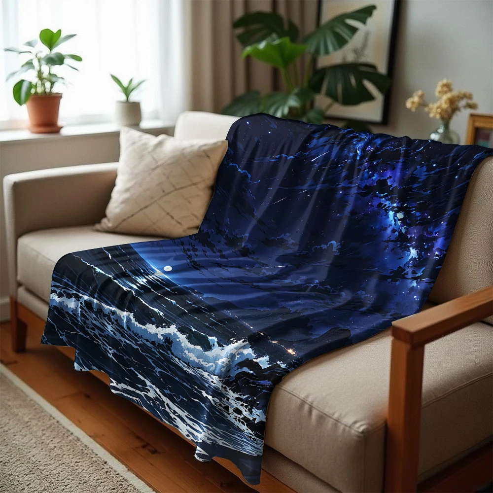 Moonlit Anime Sea Cliff Cartoon Anime Print Flannel Blanket Soft Warm Throw for Kids Bedroom Sofa Christmas Office Car