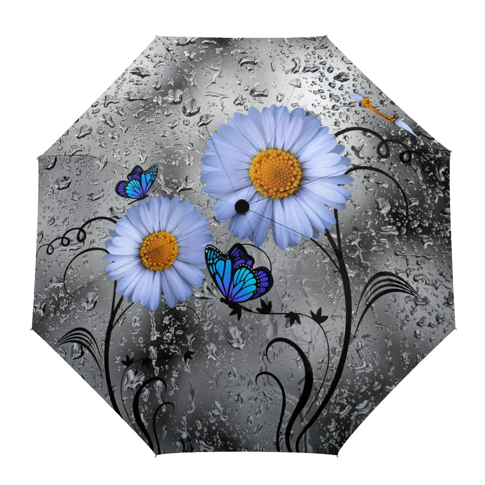 Daisy Butterfly Drops Of Water Windproof Umbrellas Travel Folding Umbrella for Female Male Eight Bone Automatic Printed Parasol