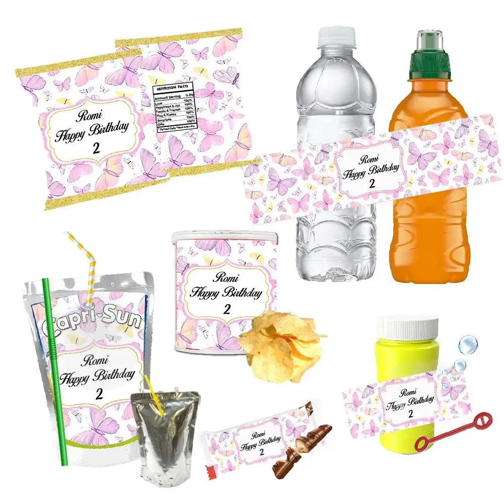 Personalised Watercolor Butterfly Juice Pouch Labels Water Bottle Wine Chips Bag Chocolate Candy Bar Tag Sticker Birthday Decor