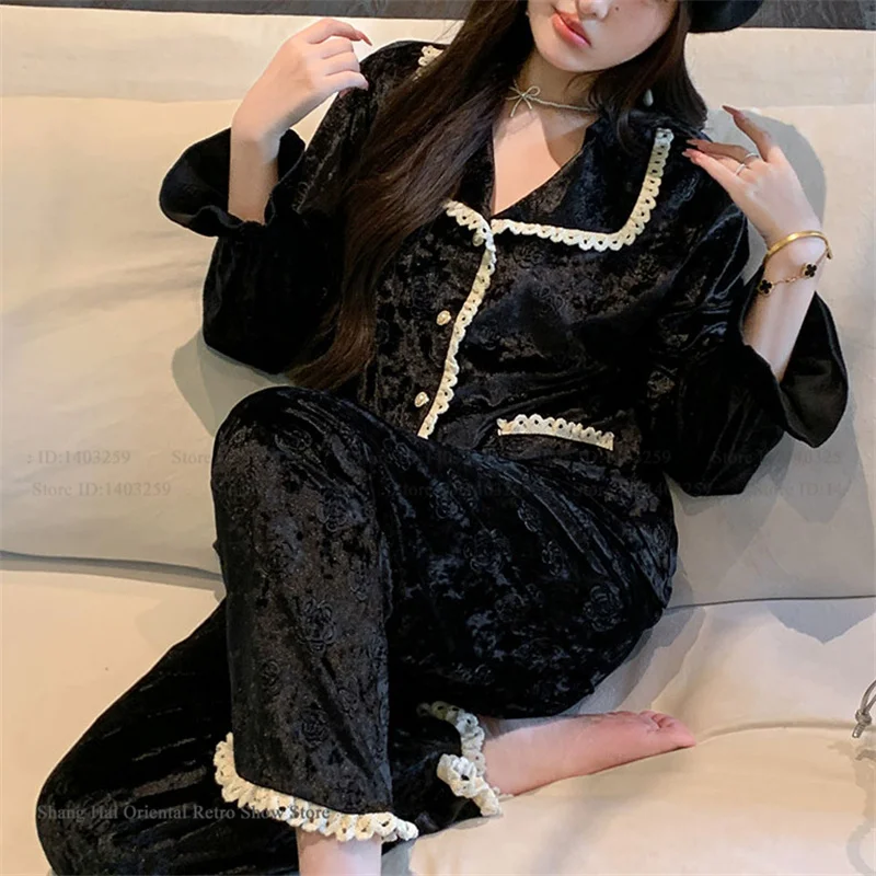 

Элегантный велюровый женский пижамный комплект из 2 предметов, одежда для отдыха, одежда для сна в стиле ретро во французском стиле, пижамный костюм, осенне-зимняя бархатная пижама