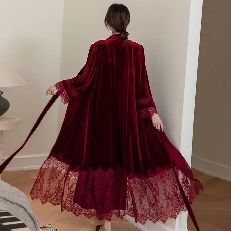 Sexy Lace Bride Wedding Robe Nightdress Set Burgundy Velvet Long Kimono Bathrobe Gown Autumn Winter Velour Homewear Lingerie