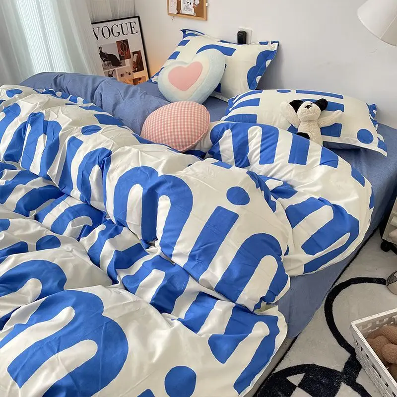 Imagem -05 - Conjunto de Cama com Letras Azuis Estilo Coreano para Crianças e Adultos Roupa de Cama Queen Size Lençol Plano Fronha de Colcha Cor Sólida