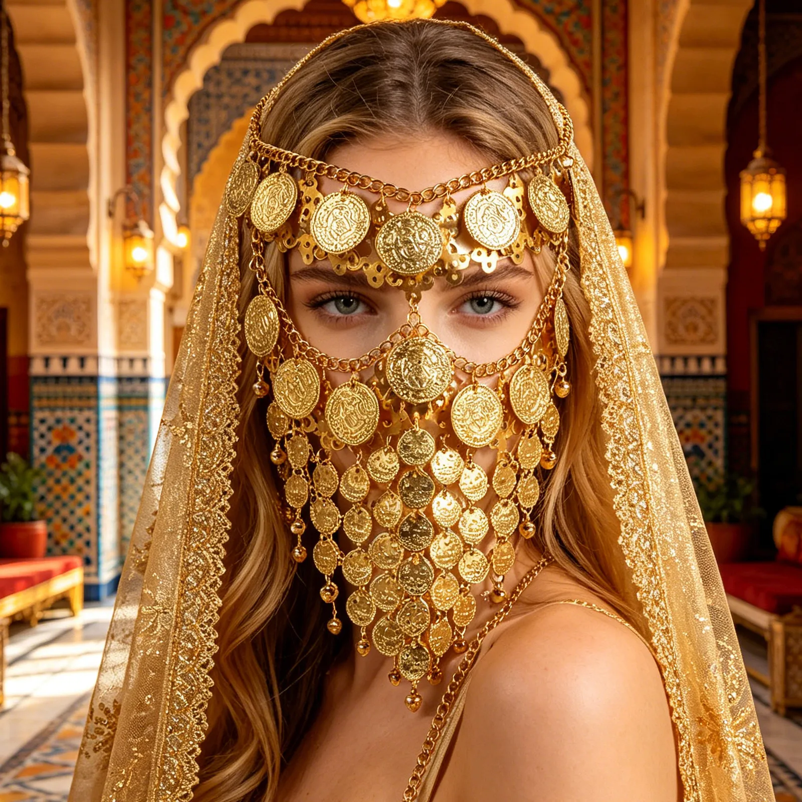 Belly Dancer Veil with Metallic Coins and Bells for Rhythm Enhancement Lightweight Mesh Arabian Face Veil Dance Costume Women