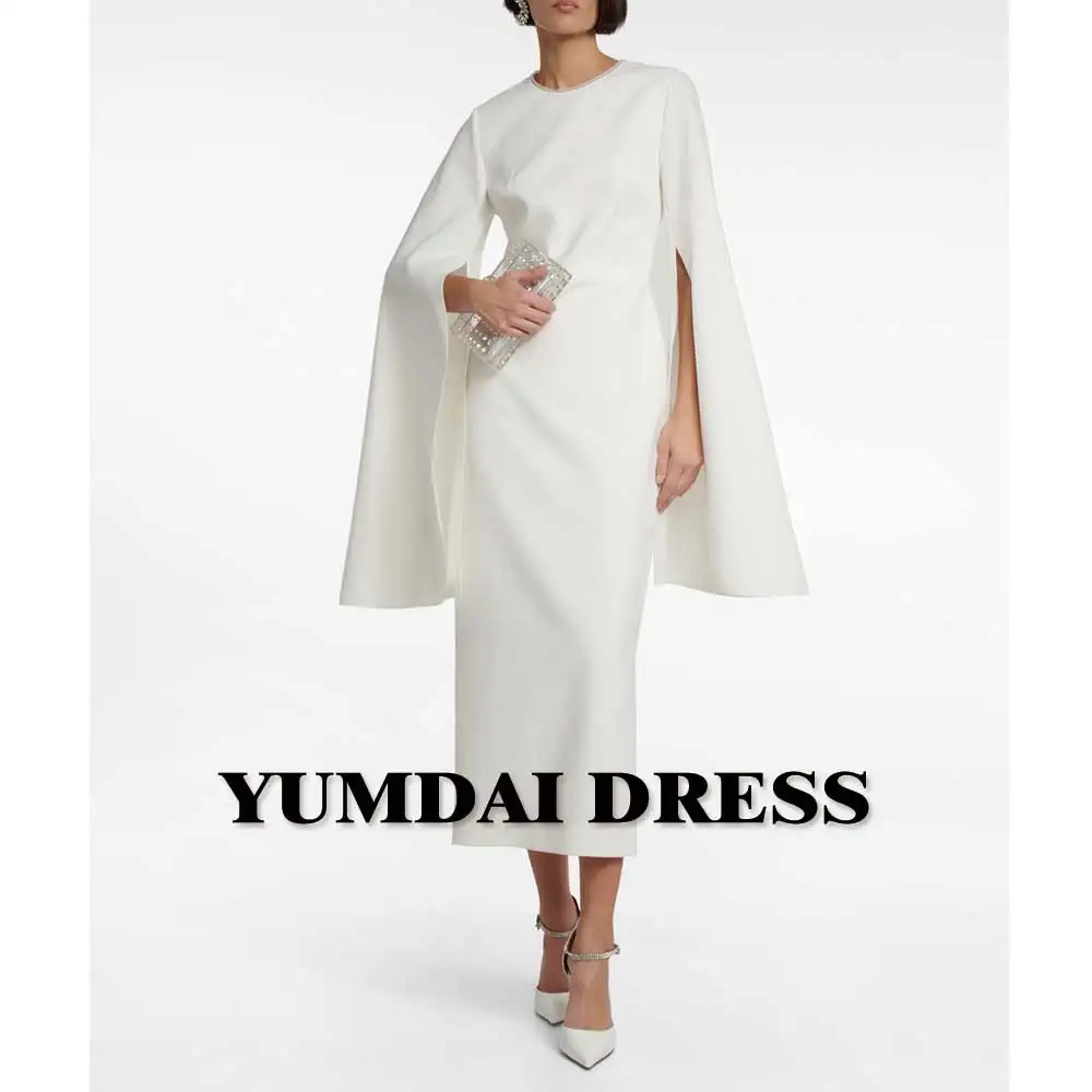 YUMDAI Saudi White Shawl Sleeve Evening Dress Women Engagement Special Occasion Dress 2024 Wedding Party Guest Midi Dress