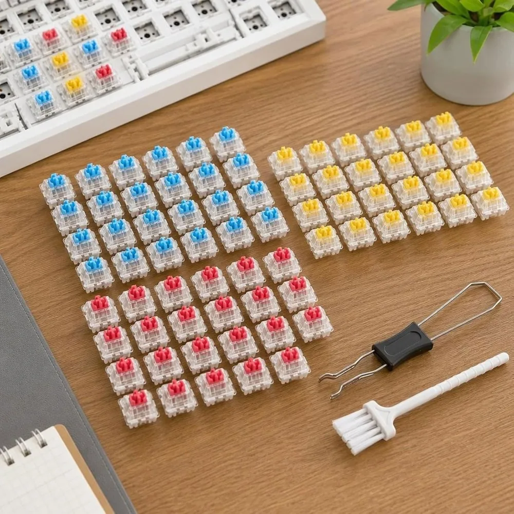ABUO-60 PCS Keyboard Clickers Set With Tweezers And Brush, Clickers For 3D Printing, Keyboard Switches Blue +Yellow +Red