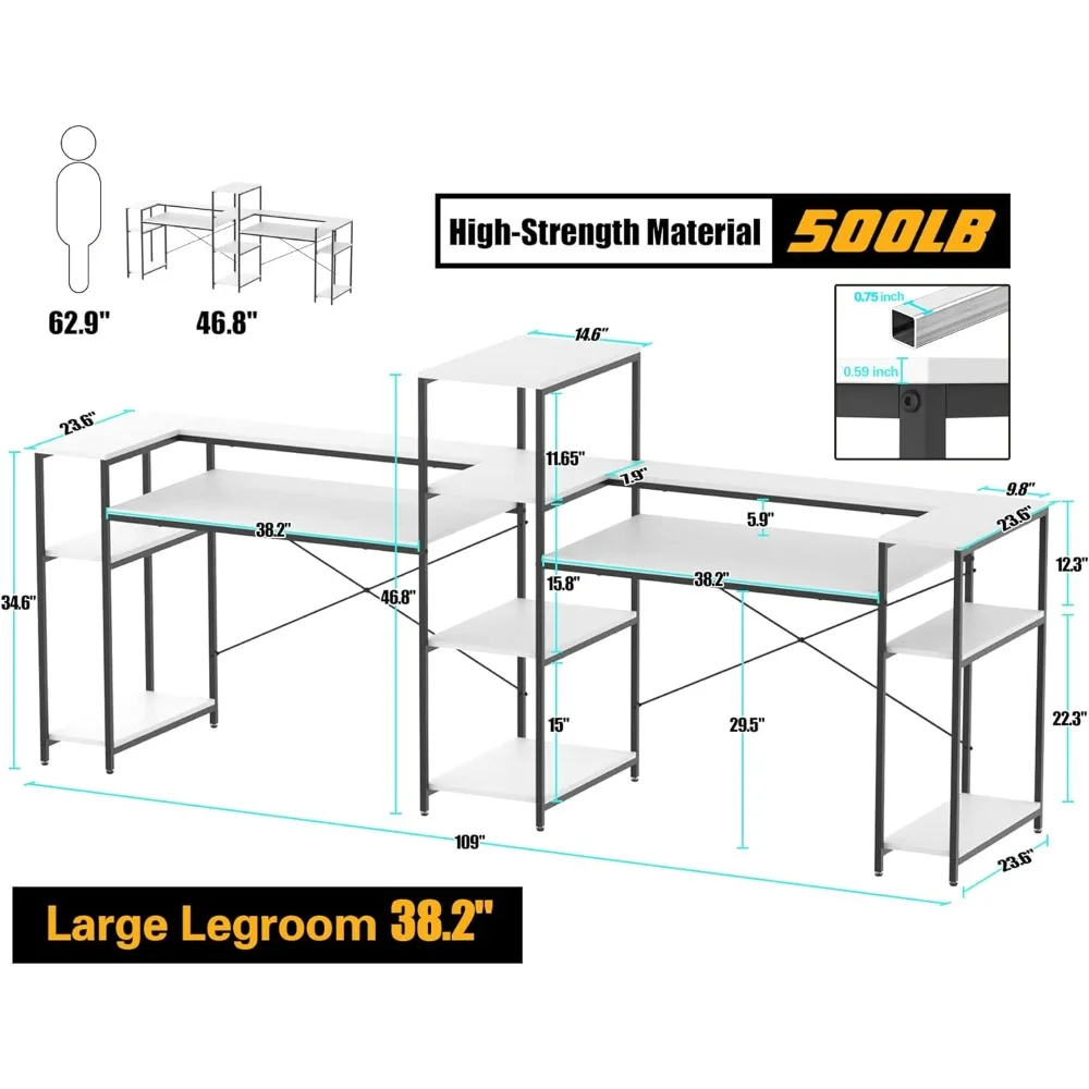 109 Inches White Double Computer Desk, Extra Long Two Person Desk Workstation with Storage Shelves & Monitor Stand