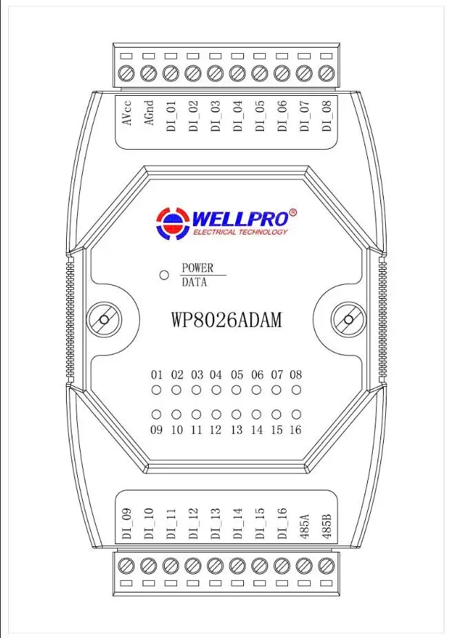 WELLPRO WP8026ADAM 16DI Digital input module Optocoupler isolated RS485 MODBUS RTU communications