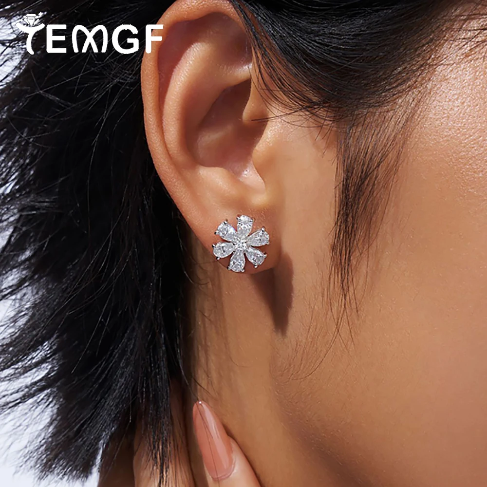 

TEMGF Full Moissanite Stud Earrings 925 Pure Silver Flower Ear Fine Jewelry for Women Wedding Engagement Party Tested Certified