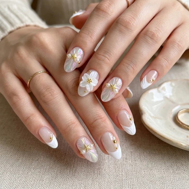 

Handmade White Pearl Press On Nails with 3D Flower Starfish & Shell Design Luxury Mermaid Beach Wedding Fake Nails for Women