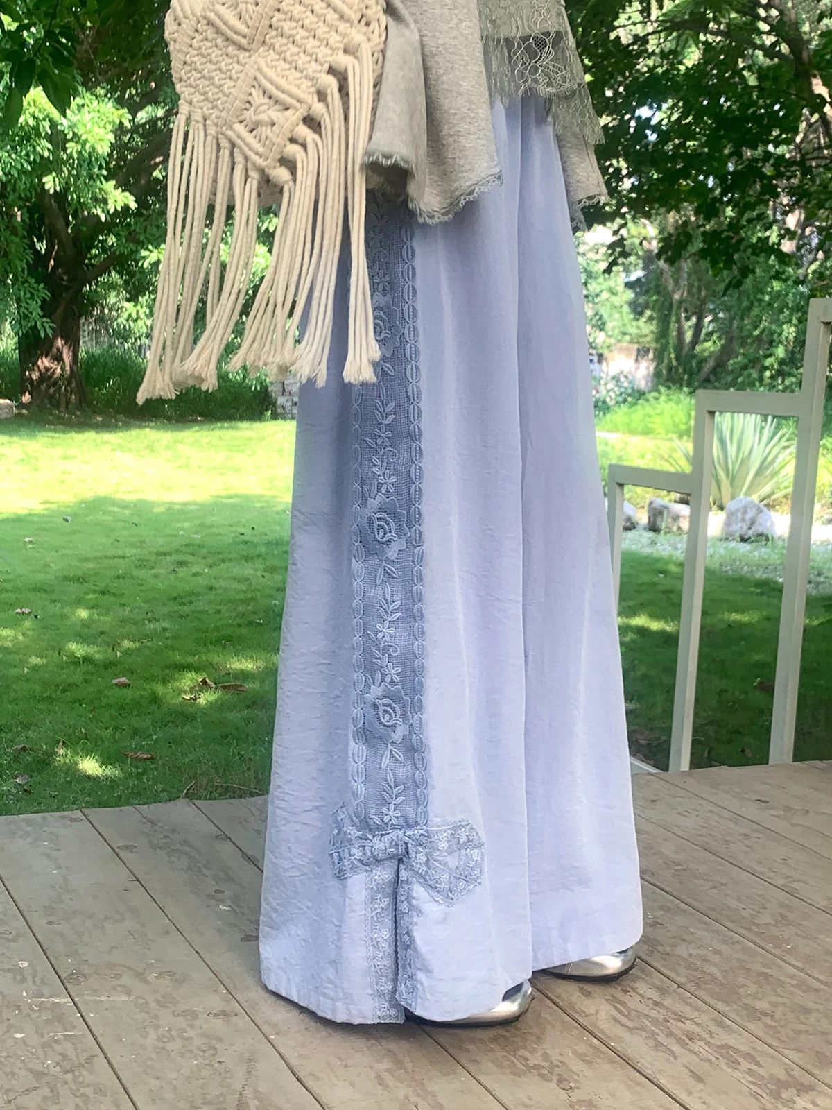 

plus Size Casual Pants Summer Commute High Waist Wide Leg Pants Blue Lace Trim Loose Fit Women's Unique Big Size Trousers