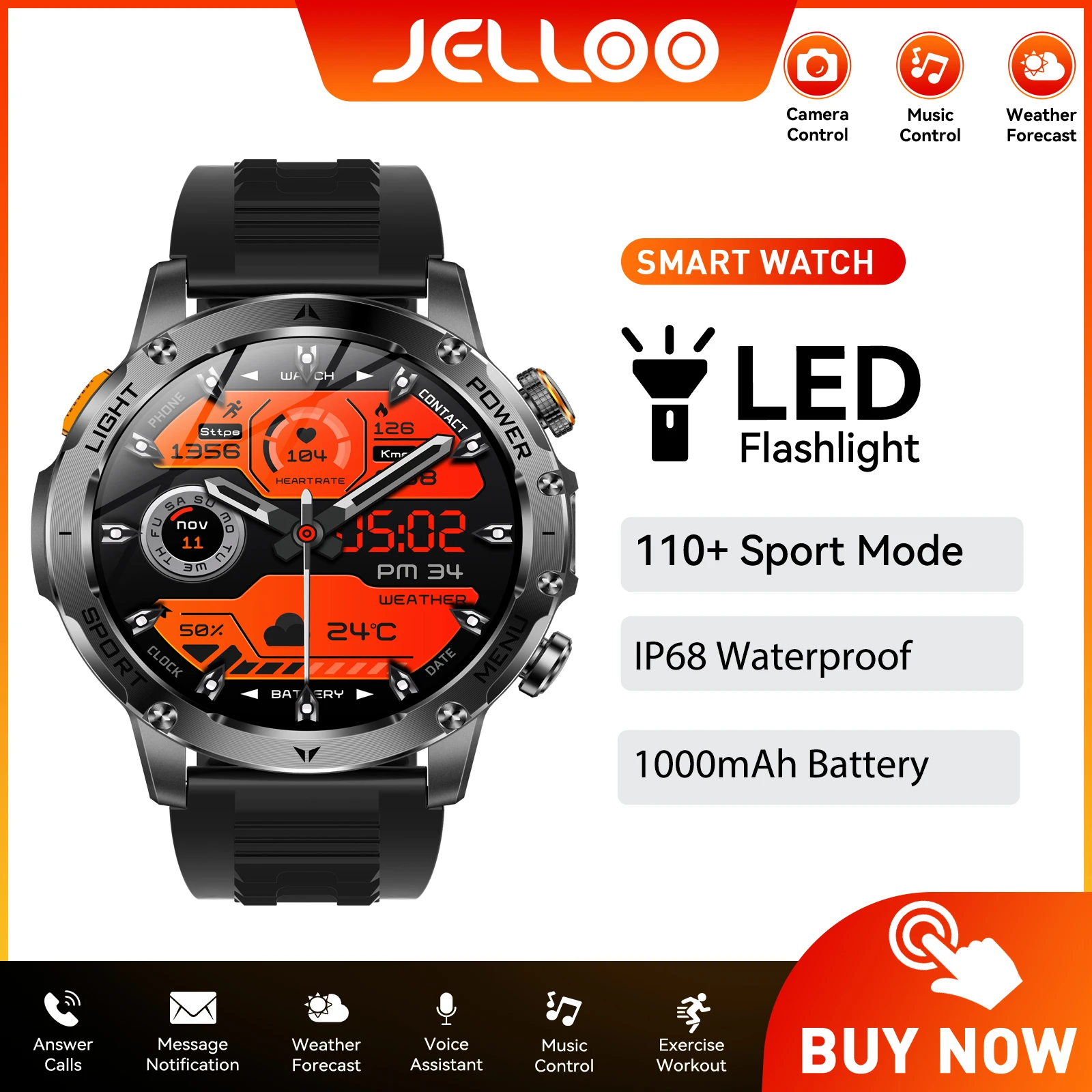 

JELLOO 2025 Outdoors Smart Watches for Men LED Flashlight 1.7" HD with 100+Sport Modes Health Monitor IP68 and Bluetooth Calling