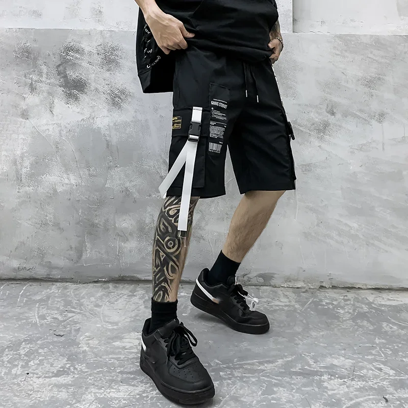 2023 Summer Casual Cargo Shorts Men Cotton Ribbons Pockets Streetwear Mens Shorts Knee Length Bermuda Short Pants Men