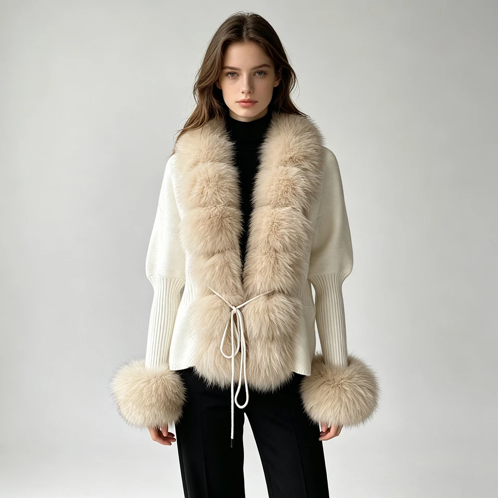 Jxwatcher Women's Sweater with Luxury Real Fox Fur Trim Fall Winter Fashion Knitted Coat Natural Fur Cuffs Cardigan New Arrival