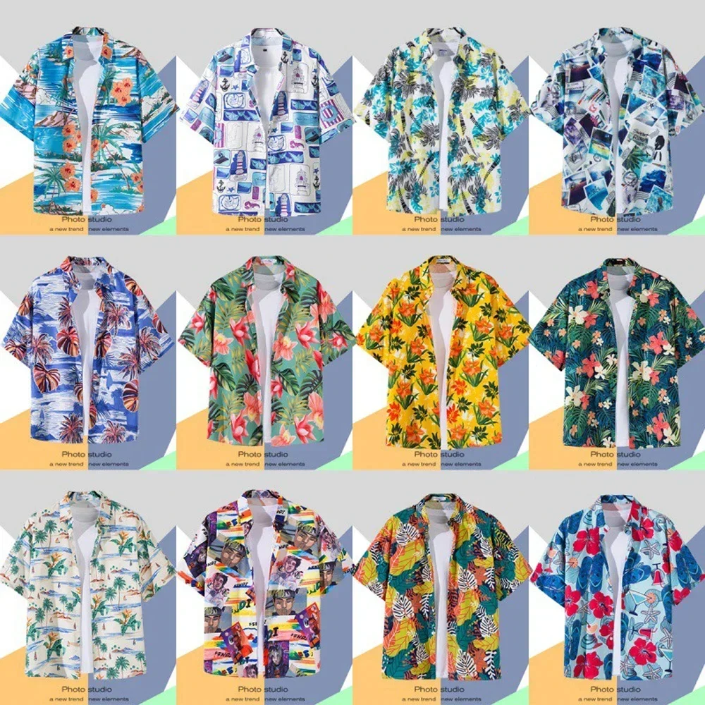 Camisa havaiana masculina, estampada retrô, single-breasted, camiseta de manga curta praia, férias de verão, roupas de máscaras