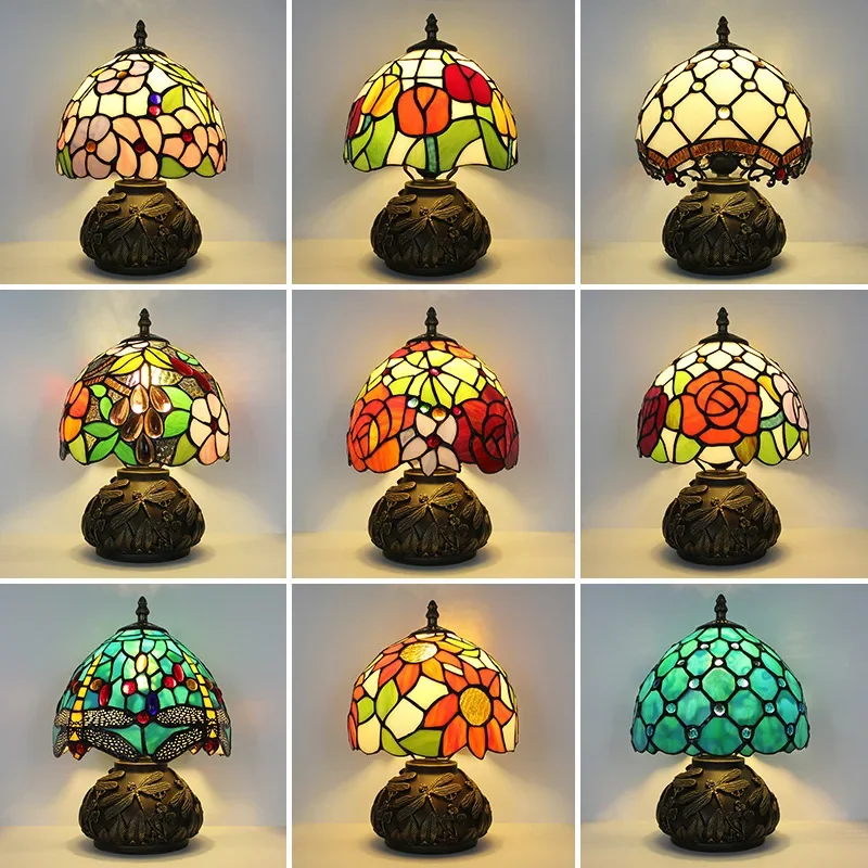 New American retro desk lamp, living room study stained glass handicraft lampshade lamp, American desk lamp