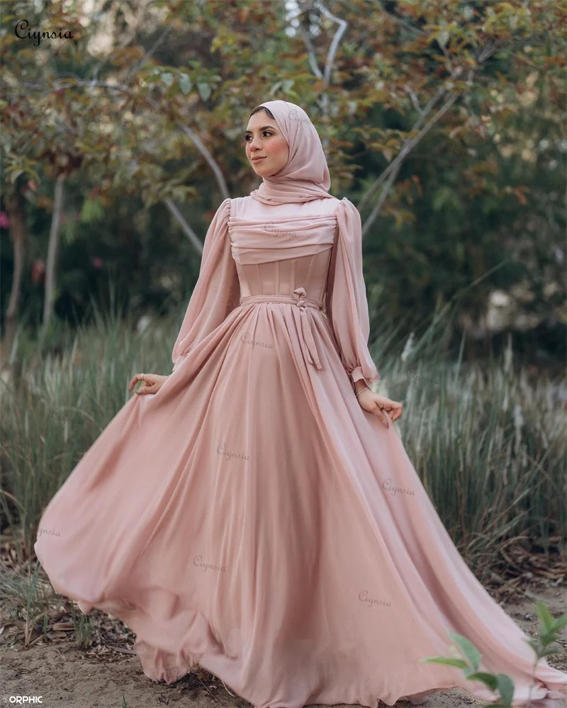 Ciynsia-Hijab musulmán rosa De Dubái, vestido De noche De gasa De línea A, manga larga, vestido Formal De graduación, Túnica árabe saudita, 2024