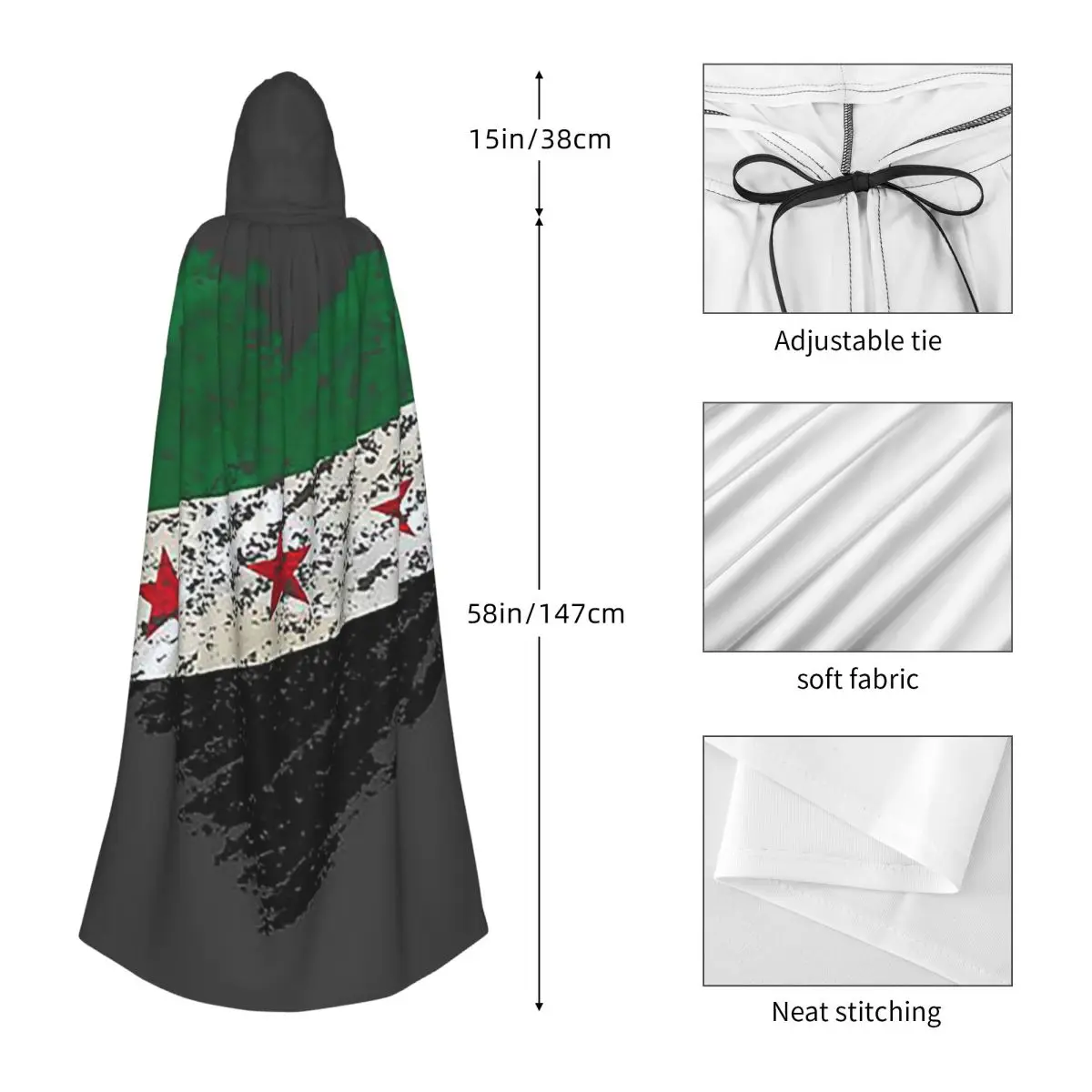 Scribble I Love siria Independence Flag lungo mantello con cappuccio strega Costume medievale Cosplay Cape HalloweenCoat adulto Unisex