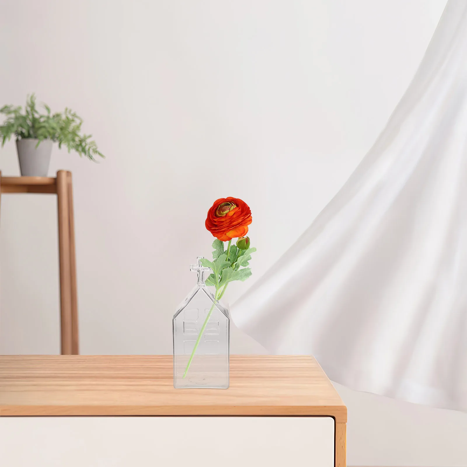 

2Pcs Glass Bud Vase Decor - House Shape Christian Flower Vase for Desk with Cross Design Clear Religious Centerpiece for Church