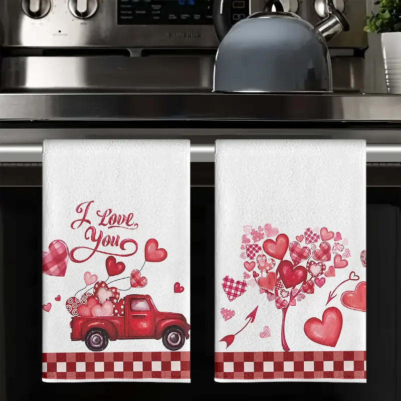 2Pcs, Valentine's Day Red and White Checkered Heart Tree Arrow Kitchen Towels, 40Cm*60Cm Towel Set, Super Absorbent Soft Cleaning Cloth, Cooking Baking Tea Towel, Hand Towel, Cleaning Cloth, Dishcloth, Kitchen Decoration, Living Room Decoration, Kitchen Essentials, Home Essentials