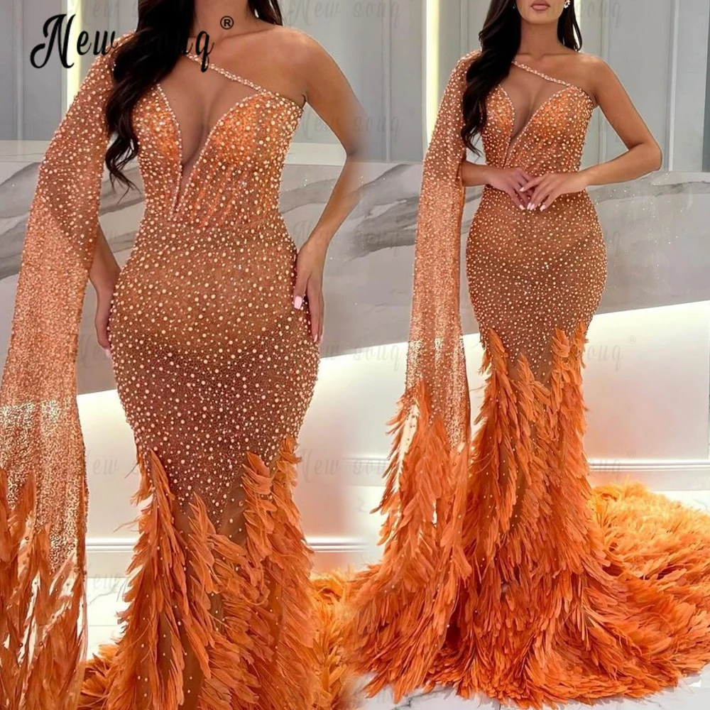 

Aso Ebi Orange Feather Long Party Dress Elegant One Straps Cape Sleeve вечернее платье Black Girl Mermaid Wedding Prom Gowns