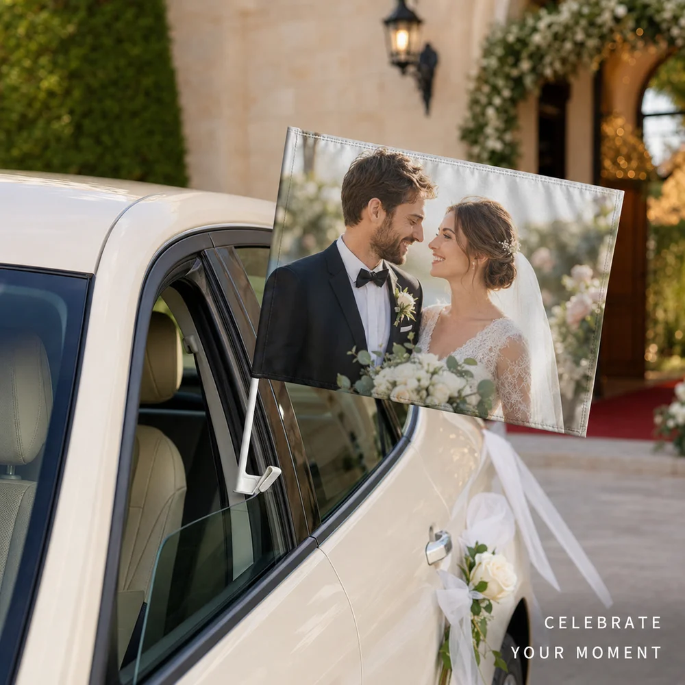 Customized Photo Car Window Flag with Plastic Pole, Personalized Image Car Side Window Banner, Family Travel Car Decoration
