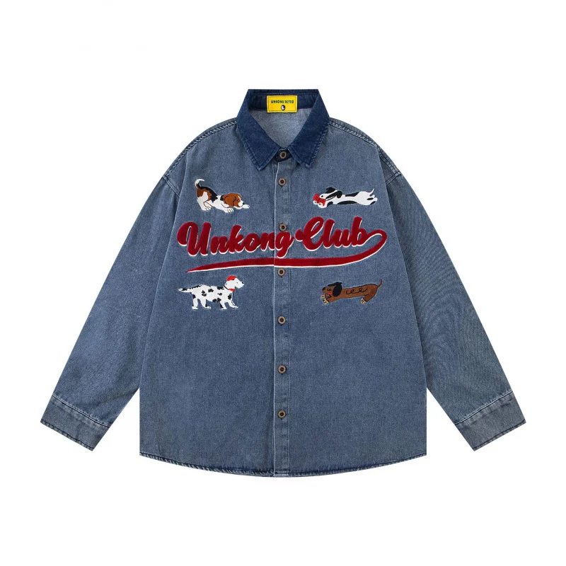 

DAVIDSHAO Vintage Denim Shirt for Men Y2K Embrodery Letter Long Sleeve Soft Casual Carton Dog Patch Shirt