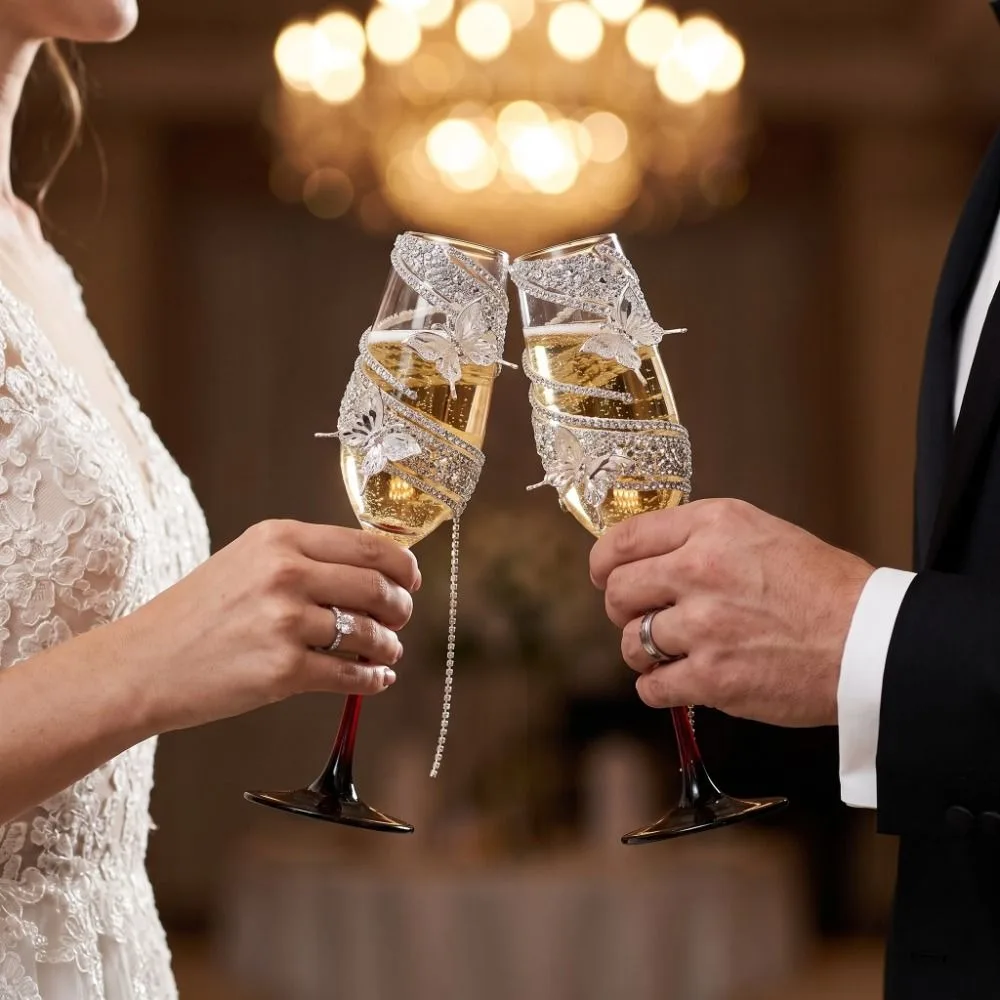 New Year Luxury Rhinestone Wine Glass Zircon Tassel Elegant Clear Stemmed Cup Butterfly Crystal Glass Goblet Valentine's Day