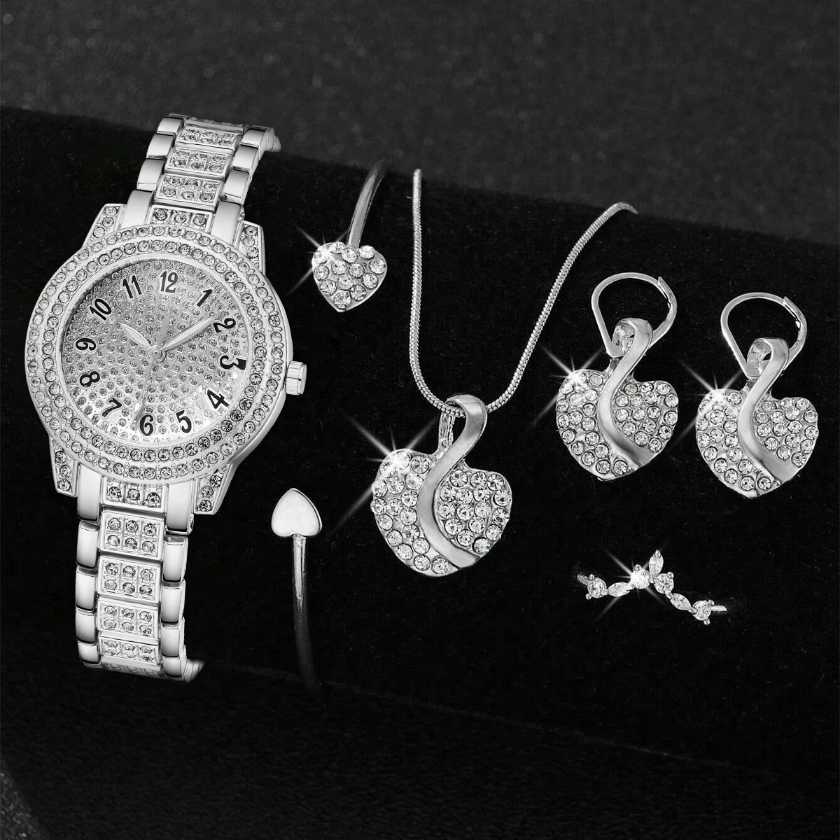 طقم ساعات نسائية فضية مكون من 6 قطع، طقم ساعات كوارتز وسوار وقلادة وأقراط هدية مثالية للأصدقاء أو الأمهات