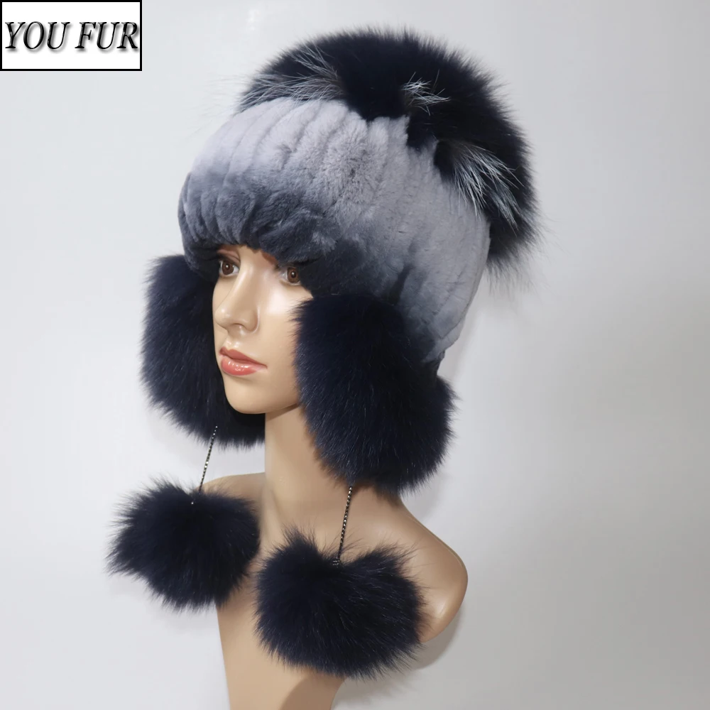 

Elastic Knitted Rex Rabbit Fur Beanies Handmade Real Fur Hat with Fox Fur Ears Genuine Fur Snow Cap Bonnets for Women Designer