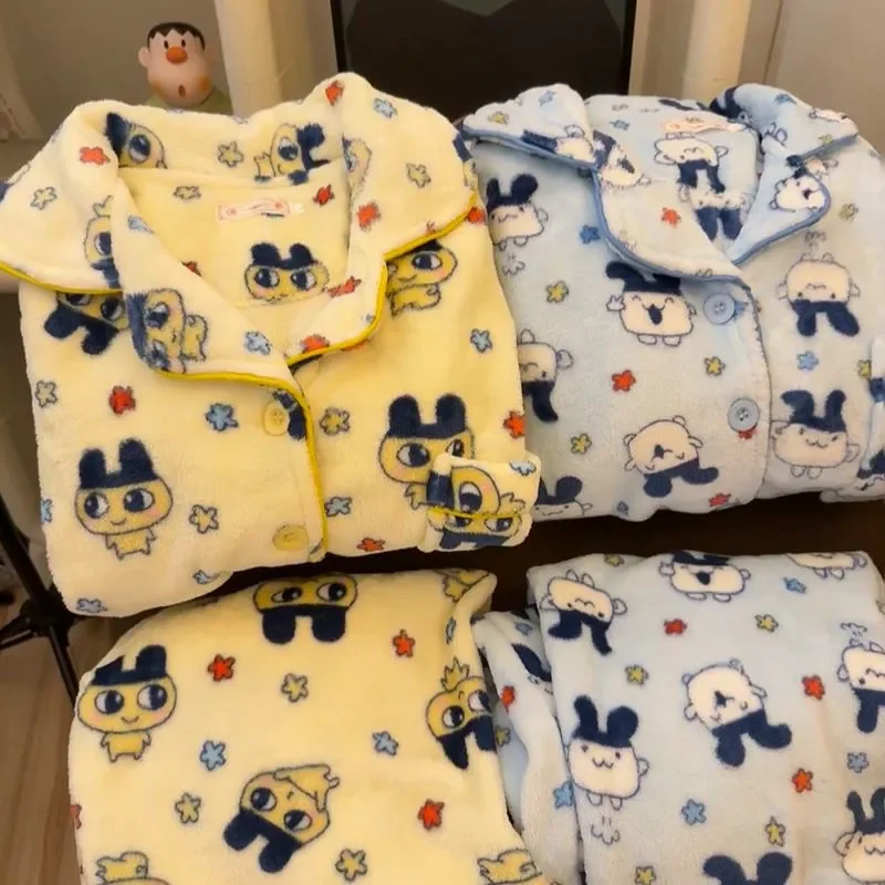 

Two Piece Set Tamagotchi Winter Flannel Sleepwear Thick For Girls Cartoon Dormitory Warm Home Clothes Printed Square Neck Pajama