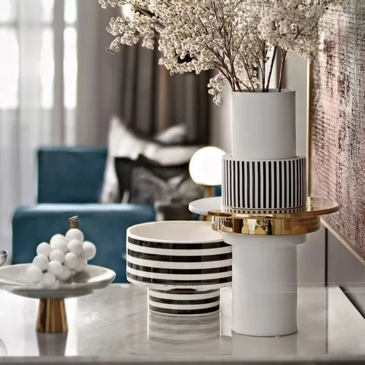 Luxtry черно-белые полосы с золотыми дисками керамическая ваза для дома, декора гостиной, мебель, фарфоровые поделки, настольная ваза