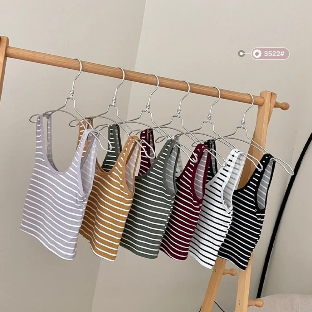 New Color-blocked Summer Striped Tank Top U-neck with Padded Bra Sleeveless Top Anti-exposure Girlish Tank Vest