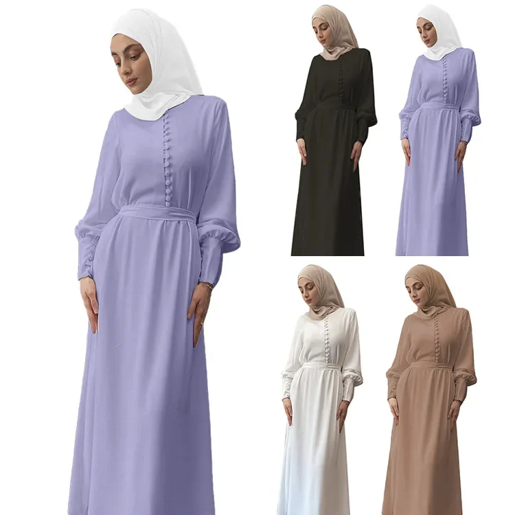 Women's Fashion Elegant Front Buttons Abaya Dress+ Scarf Suit  High Waist 2 Pcs Muslim Sets Chiffon Abaya Arab Kaftan Robes Set
